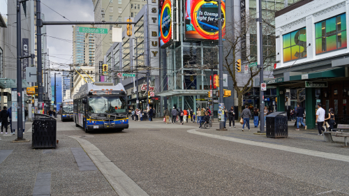 electric bus along Vancouver Theater District